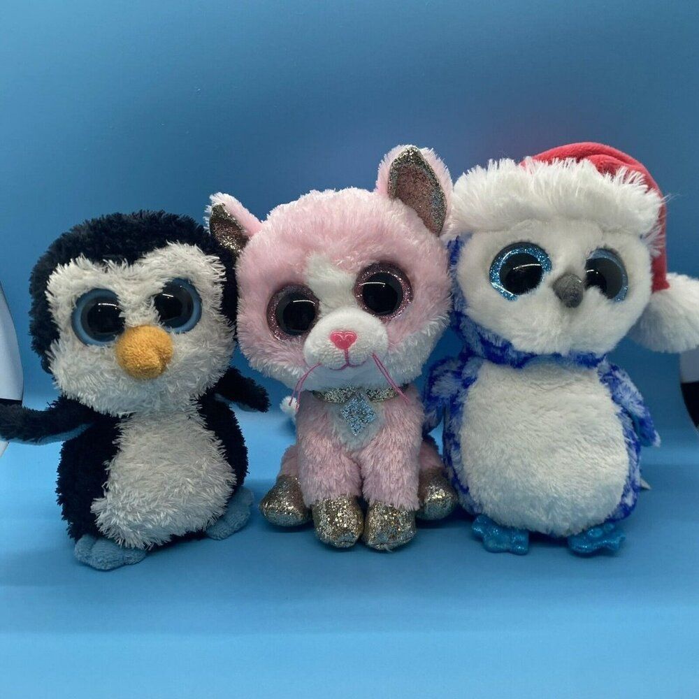 Ty Big Eyed Plushies Stuffed Animals Penguin Kitty Santa Owl 6” Lot Of 3